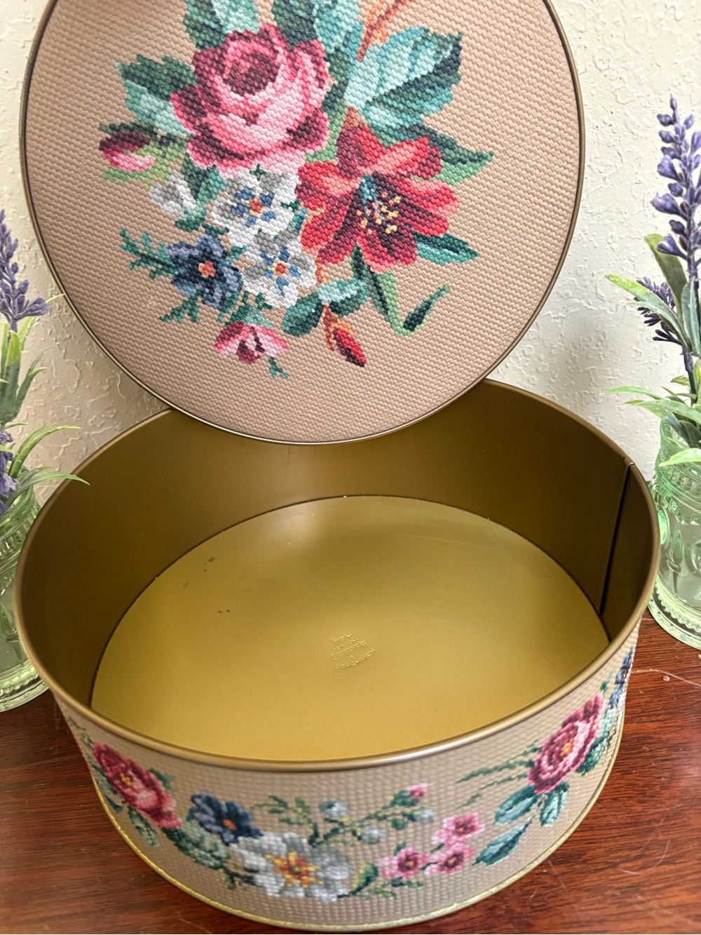 Vintage Floral Needlepoint Embossed Steel Sewing Box